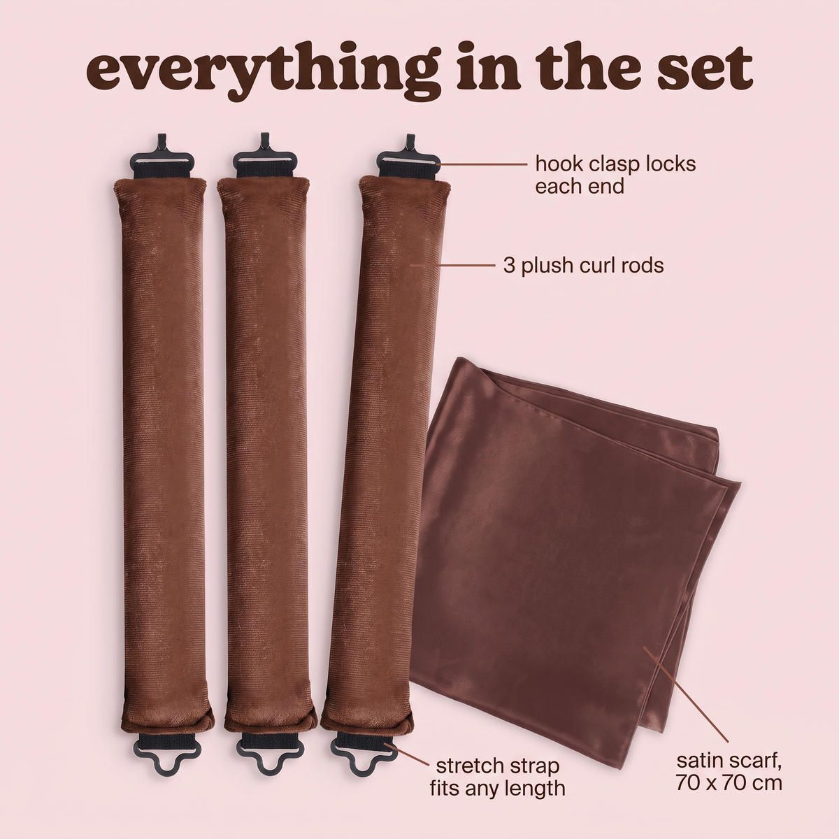 Everything in the set: 3 plush curl rods and a satin scarf