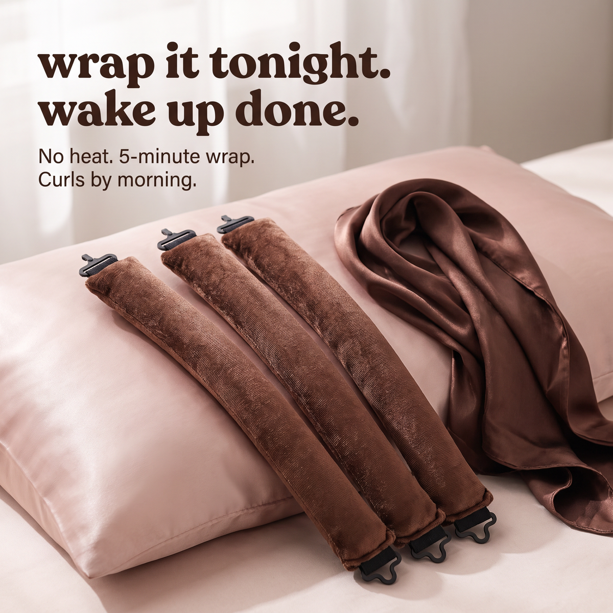 The Overnight Curl Set in cocoa: wrap it tonight, wake up done