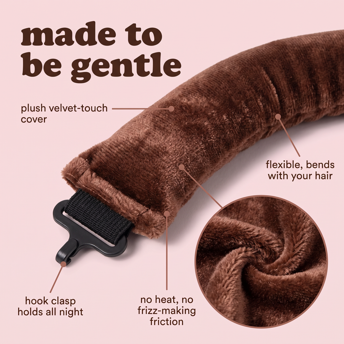 Plush velvet-touch cover and hook clasp close up